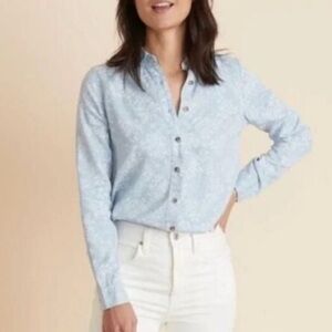 Marine Layer Blue Long Sleeve Fitted Polo Button Down print dress shirt blouse